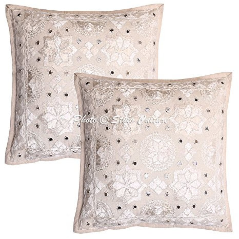Stylo Culture Indio Fundas para Almohadones Decorativos 40x40 cm Algodón Espejado Fundas Cojines Sofa Blanquecino 16x16 Inch Bordado Cuadrado sobre Fundas Almohadones para Sillas - 2 Pcs