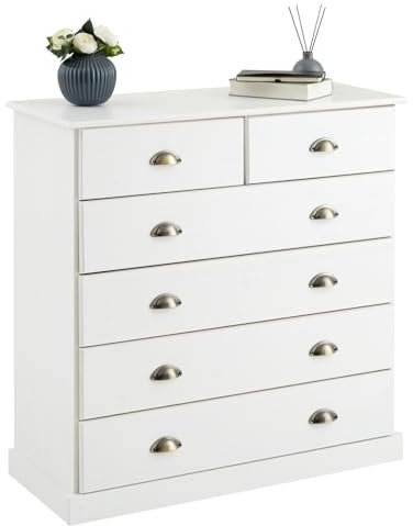 IDIMEX Kommode Paris aus Kiefer massiv in weiß, schöne Kommode mit Muschelgriffe, praktische Apothekerkommode mit 6 Schubladen