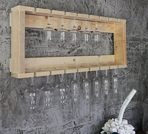 Dekorie Weinglasregal aus massivem Holz - Farbe: Natur - Maße (HxBxT): 36 cm x 90 cm x 12 cm - Vintage Weinglas- & Sektglasregal passend zum Weinregal