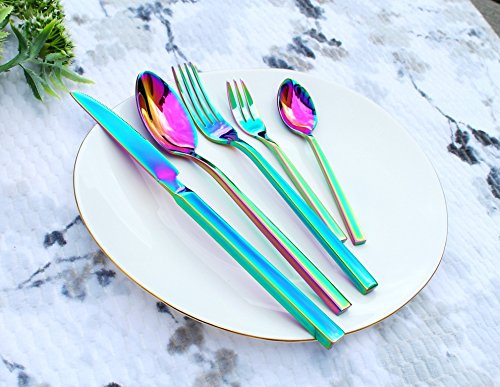 Edles Besteck Set für 6 Personen (5er Set Regenbogen) 30 Teile aus Edelstahl Rostfrei Spülmaschinen geeignet in edlem Design, Löffel, Teelöffel, Gabel, Kuchengabel, Messer