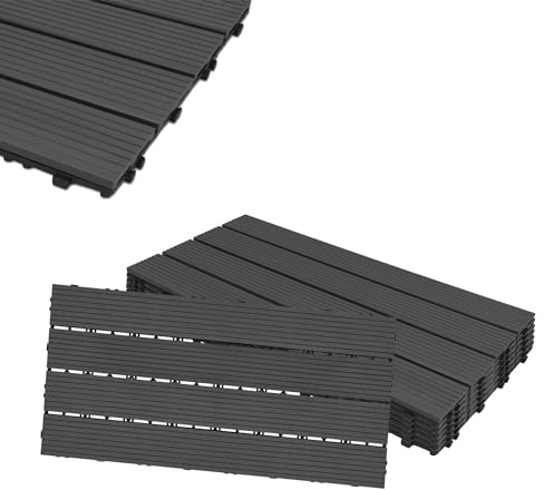 HENGMEI 6x Terrassenfliesen WPC 30x60cm Holz-Optik - Balkonfliesen Garten klick-Fliese Anthrazit mit Drainage (6er set,Anthrazit)