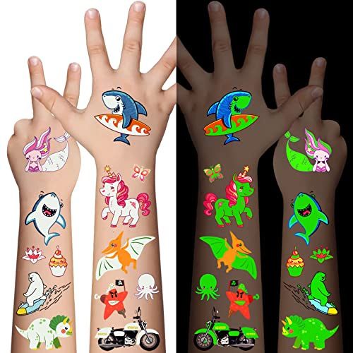Awinmay Leuchtende Tattoo Kinder - 310 Stück Glühende Gemischte Stile Temporäre Tattoos Jungen Mädchen,Schmetterlinge Dino Meerjungfrau Fake Tattoo Aufkleber, Partygeschenke Kindergeburtstag Geschenke