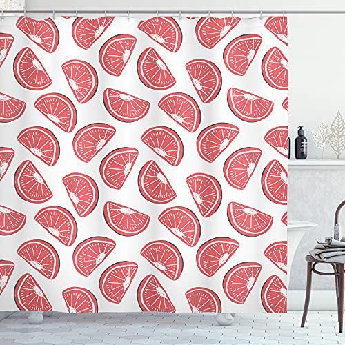 ABAKUHAUS Sommer Duschvorhang, Grapefruit und exotische Motiv, Stoffliches Gewebe Badezimmerdekorationsset mit Haken, 175 x 180 cm, Dunkle Koralle und Weiß