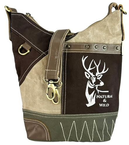 Sunsa Damen Umhängetasche aus Canvas & Leder. Hobo Tasche mit Reh Aufdruck | braun/ beige Retro Tasche, Crossbody Bag mit vielen Fächern, Schultertasche in Vintage Stil mit verstellbaren Henkel