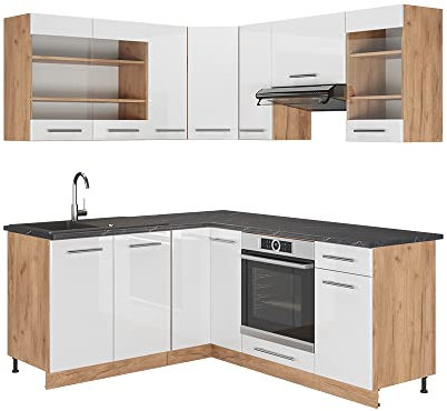 Vicco Eckküche Fame-Line, Weiß Hochglanz/Goldkraft Eiche, 190 x 46 cm ohne Arbeitsplatte, kombinierbar mit weiteren Modulen für Flexible Küchenplanung