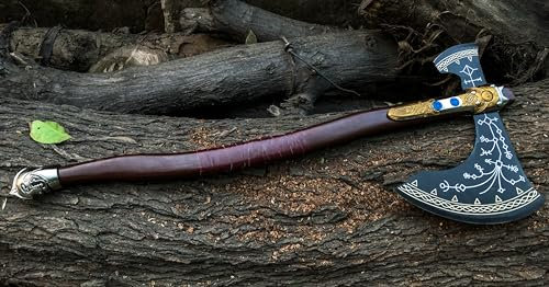 HandSmith - Hacha Kratos de God of War - Hacha Leviatán hecha a mano con funda de cuero auténtico, hacha vikinga, hacha de cosplay, armadura de cosplay, utilería, réplica, arma de disfraz (hacha