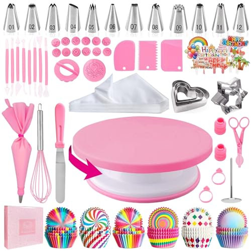 AZOMKER Piatto Girevole per Torte, Kit Pasticceria Professionale, Set Pasticceria, Pasticceria Accessori, Bocchette Sac a Poche Professionali (255 Pezzi)