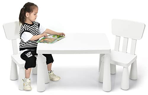 GOPLUS Table Enfant avec 2 Chaises, Petite Table d'Activité Enfant en Plastique pour Manger, Étudier, Jouer, pour Filles Garçon 1-7 Ans, Charge 50KG (Blanc)