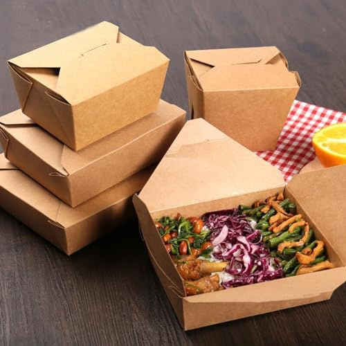 HOT BARGAINS 100 X Size No.8 (1400ml/49oz) Takeaway Food Boxes Cardboard Leak Proof Design Biodegradable Kraft Food Containers (1400ml/49oz) (100)