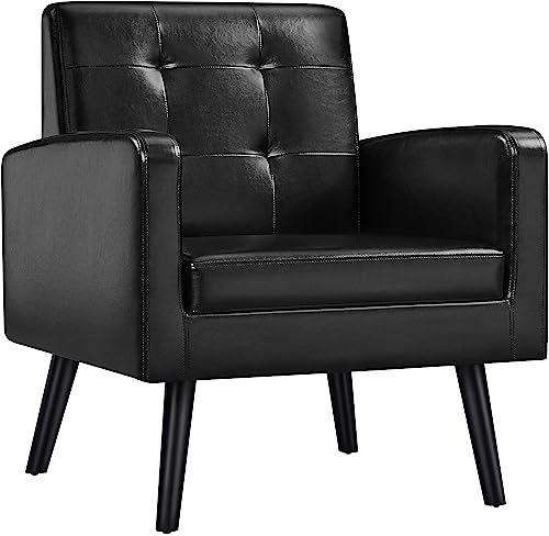 Yaheetech Butaca de Salón Sillón Lectura Tapizada en PU con Respaldo Alto y Patas de Madera de Caucho Sillón Relax Moderno para Salón Dormitorio o Balcón Carga 136 kg Negro