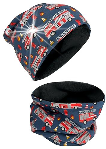 HECKBO Winter Feuerwehr Kinder Mütze & Loop-Schal – Vliesfutter – 2–8 Jahre – Mütze und Schal Set Kinder – Ideal für Schulweg im Winter & Outdoor-Kälte (48–54 cm)