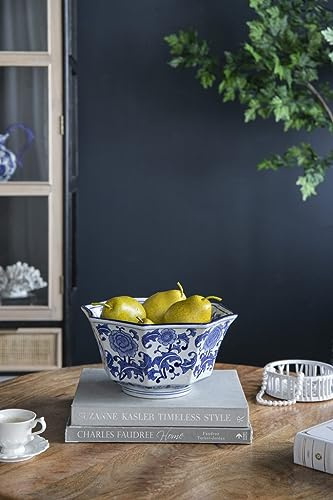 T2 Concept 100% Porcelain D10x6 Traditional Oriental Blue and White Decorative Bowl Floral Pattern Hand Painted For Formal Dining Room Living Room Bedroom