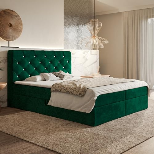 MOTIVENA Margo Chesterfield Boxspringbett 180x200 mit Bettkasten und Topper, Polsterbett 180x200 mit Bettkasten, Bonell-Matratze (H4), T28 Schaumstoff Topper (H3), mit Strass, Samt, Grün