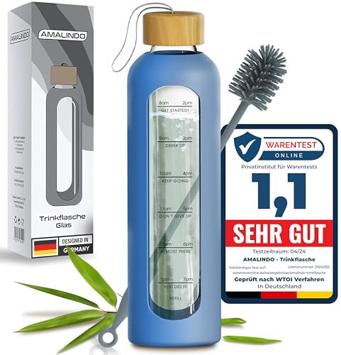 Amalindo Borraccia da 1 L in Vetro Infrangibile, Bottiglia d'Acqua Lavabile in Lavastoviglie, Colore: Blu