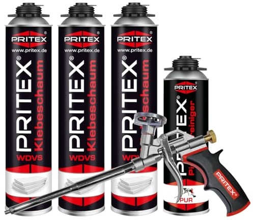 PRITEX WDVS Klebeschaum Set, 3x 750ml Dämmstoffkleber, Reiniger, Pistole