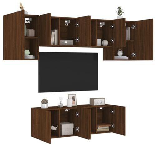 Gecheer Mobili TV a Muro 6pz Rovere Marrone in Legno Multistrato,Mobile TV Moderno,Porta TV per Soggiorno,Set Mobile TV Pensile,Parete Attrezzata da Soggiorno,Armadietto a Parete per TV