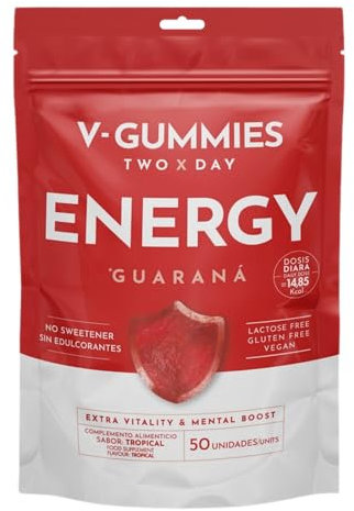 V Gummies Energy - Gominolas Energéticas con Guaraná, Cafeína y Vitamina C - Aportan Vitalidad y Ayudan a Reducir el Cansancio - 200 mg de Guaraná por Dosis Diaria - Sabor Tropical - 50 Unidades