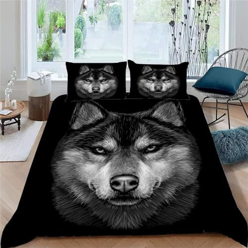 Bettwäsche Set Bettbezug 140x200 Weich Bequem Atmungsaktiv Hypoallergen Mikrofaser Bettbezüge und 2 Kissenbezug, für Teenager-Schlafzimmer-Dekor（Schwarzer Wolf