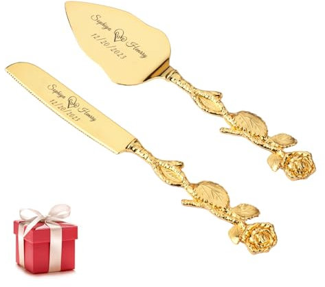 CGFN Tortenheber Edelstahl,Tortenmesser Personalisiert Hochzeit, Kuchenheber & Tortenheber Kuchenmesser, Tortenmesser Lang mit Schieber Gold,Tortenschaufe Edelstahl Set