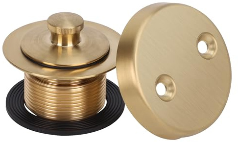 PRIMSOPH Kit di rivestimento di scarico per vasca da bagno con kit di conversione piastra frontale a due fori per troppopieno, universale, filettatura fine grossa, ricambio oro spazzolato