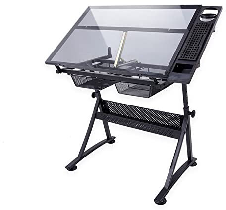 Zeichentische, Verstellbarer Zeichentisch, um 80° neigbare Zeichentischplatte mit gehärtetem Glas, Zeichentisch, Künstlerschreibtisch mit 2 Schubladen, Kunsttisch für Erwachsene zu Hause