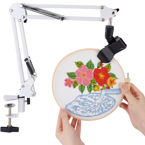 OLYCRAFT Vitt broderi bordsstativ kit 8 mm hål hand broderi stativ knä vikbara korsstygnstativ klämma handbroderier ringhållare 360 roterande broderihållare stativ för broderiringar