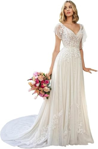 JIAJUPA Women's V-Neck Wedding Dresses for Bride Lace Tulle Beach Bridal Gowns with Train Ivory Size 14