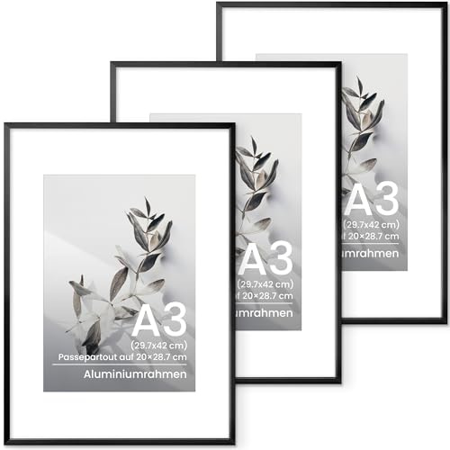 A3 Bilderrahmen Schwarz, Aluminium Din A3 Rahmen, Für 29,7x42 cm-Fotos ohne Passepartout oder 20x28,7 cm-Fotos mit Passepartout, Metall Fotorahmen Mit gehärtetem Glas für Wandkunstrahmen, 3 Packs