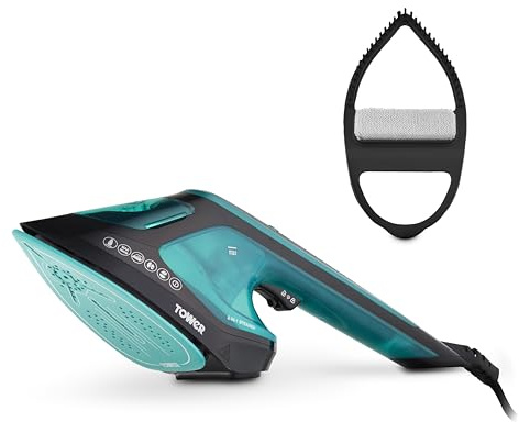 Tower Garment Steamer 1800W, 2-in-1 Steamer & Iron for Flexible Garment Care, One Temperature Technology, 25-Second Heat-Up, Ceramic Soleplate, 180ml Tank, Black & Teal (T22031TL)