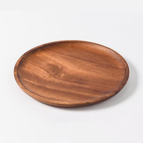 Xtroml Assiettes à dîner en Bois d'acacia pour Manger Planches à charcuterie Rondes en Bois Plateaux de Service pour Plats à Manger Plateau à fromages Assiette à Dessert Assiette à Salade,25cm