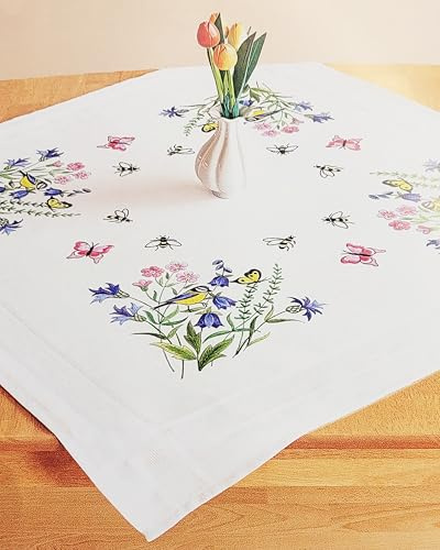 KAMACA Stickpackung Plattstich Stielstich vorgezeichnet Baumwolle komplettes Stickset mit Stickvorlage Stickerei-Kit zum Selbersticken Erwachsene (Blumenparadies mit Meisen MD 80x80 cm)