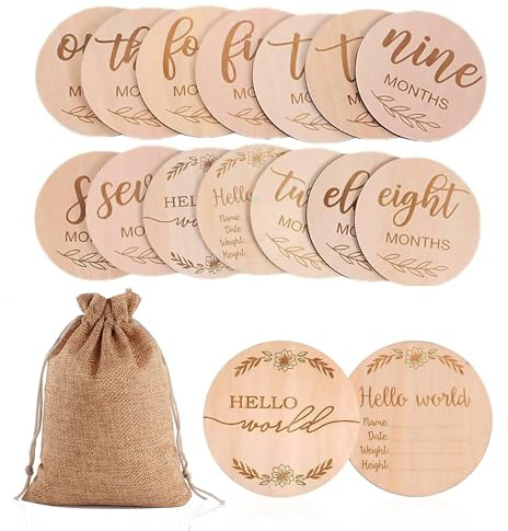 14 Stück Holz Meilensteinkarten, Meilenstein Karten Runde Meilensteine und 1 Stück Sackleinen, Meilensteine auf Holztafeln für Babyparty Foto Requisite Dekorieren