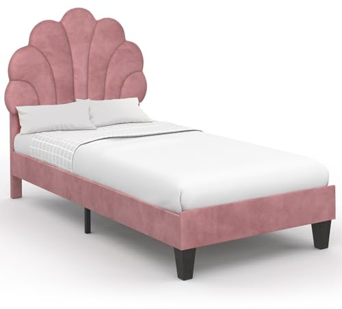 IDMarket - Letto singolo a conchiglia AMANDA 90 x 190 cm con base in velluto rosa cipria