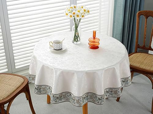 Tolldek 360CM Tischdecken Beige Weiß, Rund Tischtuch Blätter und Stickerei Muster PU, Lotuseffekt Tischdecke Biertisch Tischbedeckung für Küche Esstisch Dekoration Esszimmer, Garten, Party