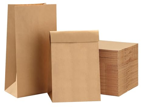 100 Stück Papiertüten Klein 12x7x24cm Braun Geschenktüten | Flachbodenpapiertüten, Stabil und haltbar, lebensmittel papiertüten, Bulk, DlY, Weihnachten Adventskalender