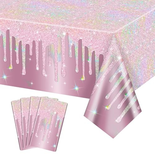 Rosa Glitzer Tischdecke, Hellrosa Tischdecken für Baby Shower Jubiläum Bachelorette Party Braut Hochzeit Dekorationen, 4 Pack, 130 x 220 cm