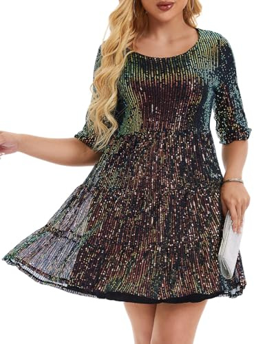 Kyzoeyou Sequin Glitter Dress Full Body Sparking Women UK Casual Party Midi Dresses Short Sleeve Flowy Tiered Tunic Night Out Wear (Black_Multi Color M)