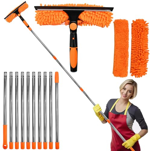 UHETLET Teleskop Fensterwischer Staubwedel Teleskopstange 24cm~420cm Extra Lange Fensterputzer Set Spinnenwebenentferner Spinnwebenbesen Fenster Putzen Biegbare Staubtücher Wintergarten Reinigungsset