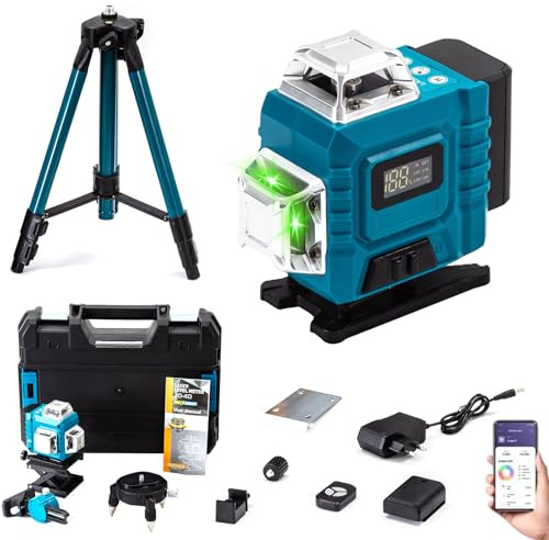Laser Level Self Leveling 4x360° 4D 16 Green Lines, APP & Remote Control, Pulse Mode, Adjustable Brightness, Swivel Base & Wall Bracket, IP54 Waterproof with Tool Box & Tripod Base.
