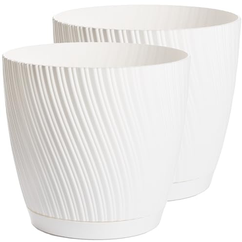 Home Garden Ornaments Large Plant Pots Indoor, Set of 2 with Drainage & Saucer, Swing Indoor Plant Pot, Decorative Striped Flower Plastic Planter Design, 5 Colours & 6 Sizes (23cm / 9.1 inch White)