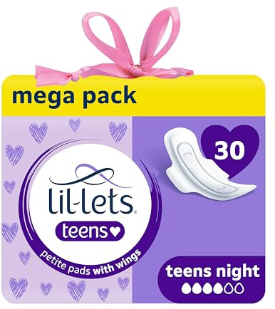 Lil-Lets Teens Night Pads with Wings - 30 Count Period Pads - Thin, Super Absorbent Sanitary Napkins, Soft & Breathable, Fragrance Free - First Periods, Heavy Flow Nights