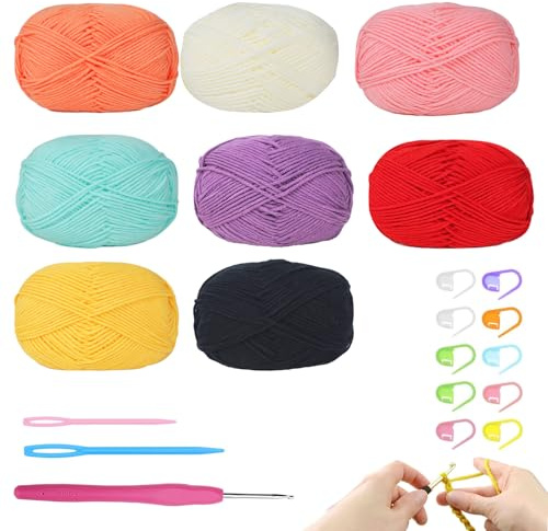 Hilo Grueso para Tejer Camisetas de Ganchillo 8 ovillos x 50g, Mezcla de algodón y Nailon, Colores Surtidos, Ideal para Manualidades y Principiantes