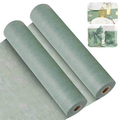 2 Stück Vlies Tischläufer Eukalyptus Grün FoiiLiio 30 cm x 25 m tischläufer Salbeigrün Stoff Tischband Eukalyptus Grün, für Taufe, Kommunion, Geburtstage und Partydeko