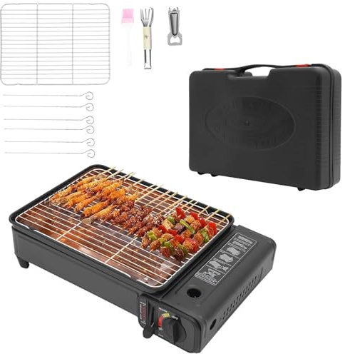 ACROSSPART Tragbarer Camping Gasgrill, Campinggrill Gas mit Grillnetz und Koffer, BBQ Tischgrill Gas, Outdoor Gaskocher Klein für Camping, Reisen, Trekking