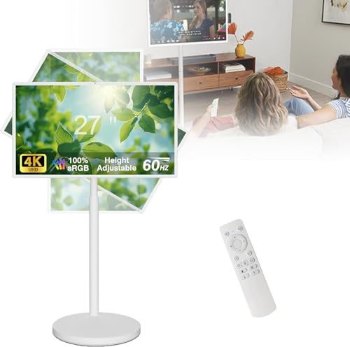 NzEupno Televisor Inteligente PortáTil De 27 con Ruedas, Pantalla TáCtil 4K con Control Remoto, Monitor De Pie, CáMara Integrada Y Tableta TáCtil con RotacióN Completa. White-8+128G
