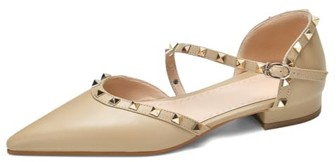 Ballerine Donna retrò in Pelle Borchiate Punta A Punta Cinturino alla Caviglia con Fibbia Tacco Basso Largo Comode Slip-On Scarpe Eleganti Festa Ufficio,Apricot,42 EU