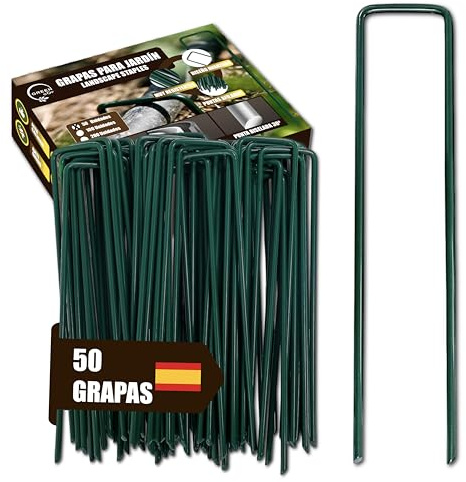 GREENGOF Grapas Verdes para Cesped Artificial, Malla Antihierba y Jardin, 50Unds - Acero Galvanizado, 15x4cm, Ø3mm - Ultra Resistentes y Anticorrosivas - Piquetas de Jardín, Anclaje al Suelo.