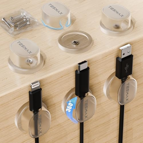 Tesmax 6 Stück Kabelhalter Selbstklebende 360°Drehbar Abnehmbar Transparent | 10mm Großer Kabelhalter-Durchmesser Abnehmbares Design Stärkere Klebstärke für Schreibtisch,Ladekabel,HDMI,USB,Aux kabel