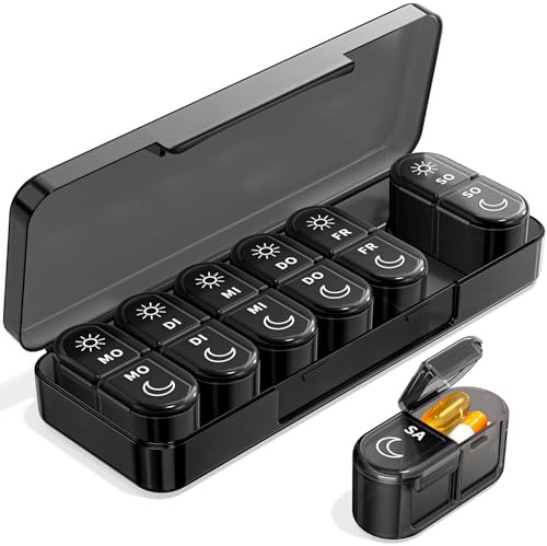 Doruimi Tablettenbox 7 Tage Morgens Abends, Einfach Zu Öffnen, Schwarz | Pillenbox 7 Tage 2 Fächer, Medikamentenbox 7 Tage, Abnehmbar, Großes Fassungsvermögen, Auslaufsicher, Stabil & Langlebig