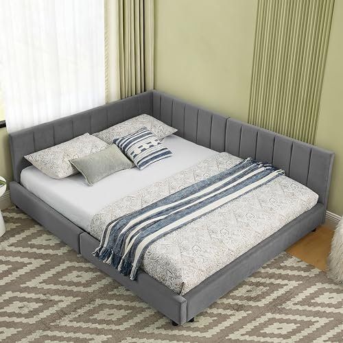 LAKFEW Schlafsofa Bett 140x200 mit Hoher Rückenlehne, Schlafcouch Polsterbett aus Samt, Tagesbett mit Lattenrost, Schlafzimmer möbel, Ohne Matratze, Samt, Dunkelgrau